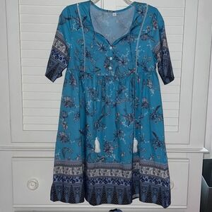 Blue Floral Boho Tassel Mini Dress Turquoise Babydoll Half Sleeve Size S